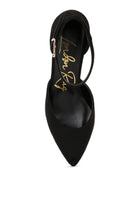 Rag Company women's black metallic block heel sandals with ankle strap and pointed toe