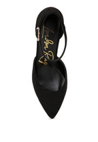 Rag Company women's black metallic block heel sandals with ankle strap and pointed toe