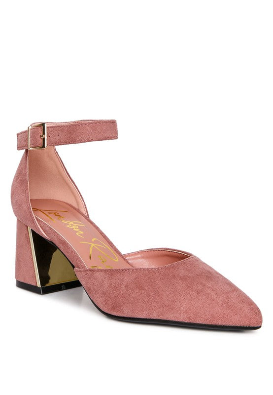 Rag Company women's metallic block heel sandals in dusty pink suede with ankle strap and gold buckle