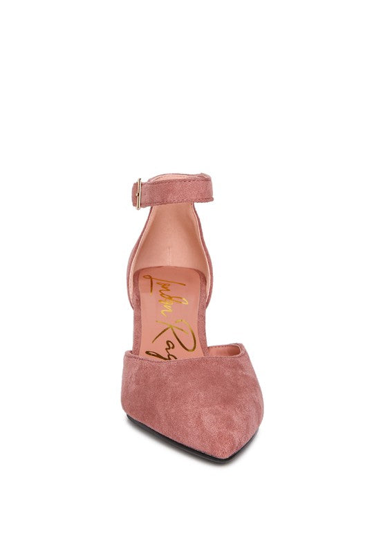 Rag Company womens metallic block heel sandals in dusty pink with ankle strap and pointed toe