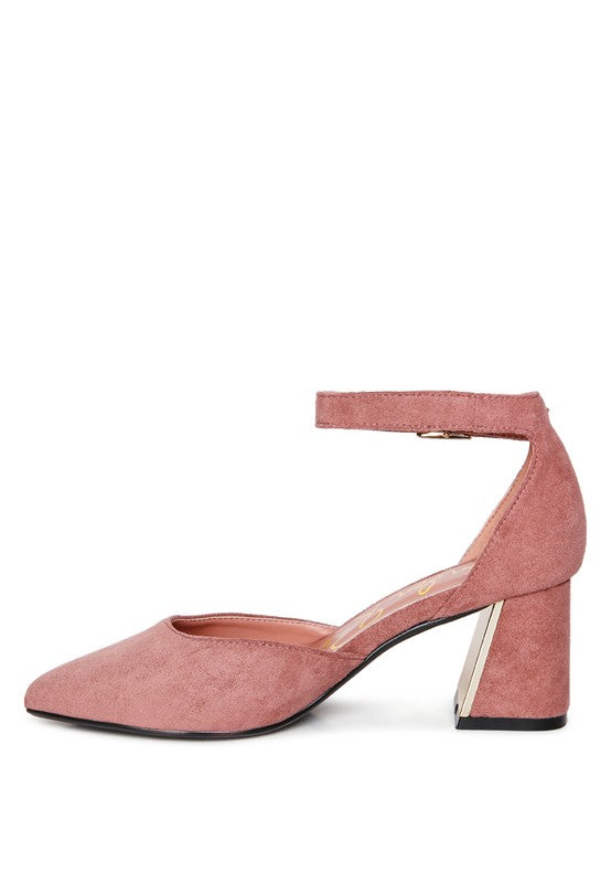 Rag Company women's metallic block heel sandals in dusty pink with ankle strap and pointed toe