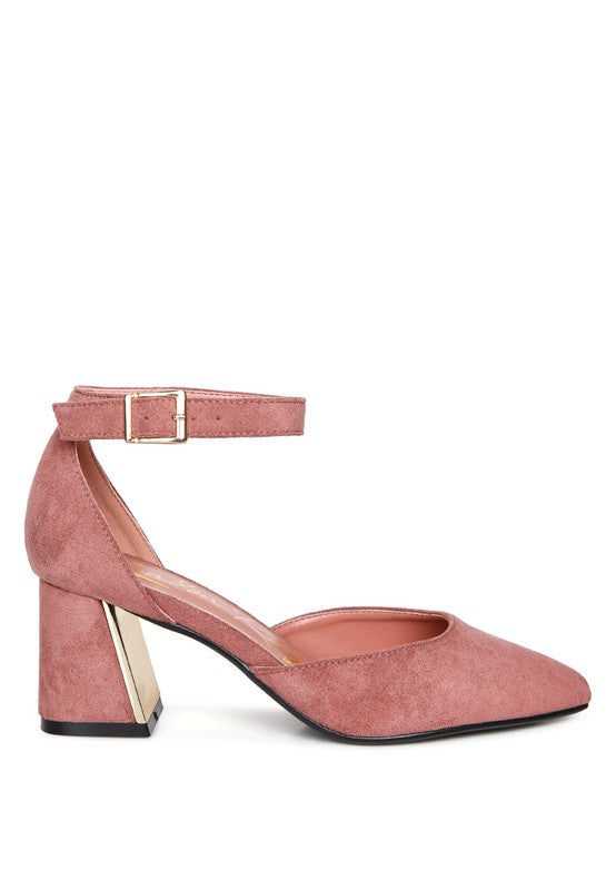 Rag Company women's pink suede metallic block heel sandals with ankle strap and buckle