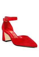 Rag Company women's red metallic block heel sandals with ankle strap and pointed toe