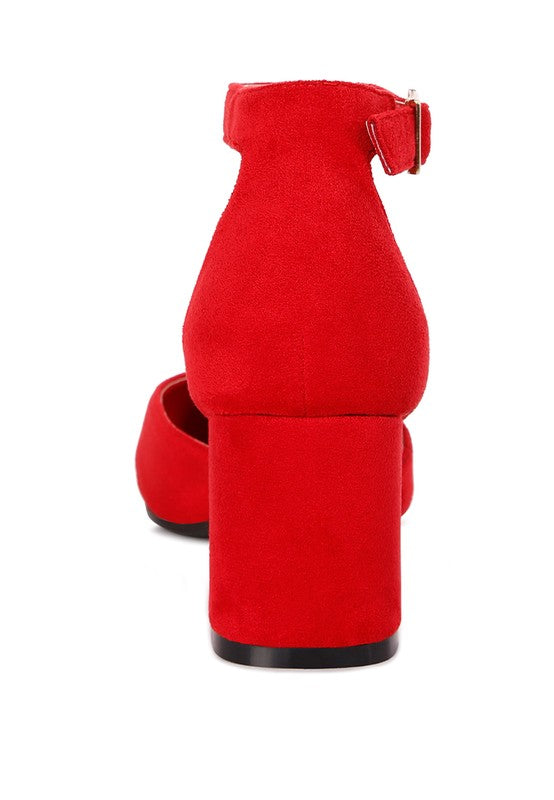 Rag Company women's red metallic block heel sandals with ankle strap and buckle closure