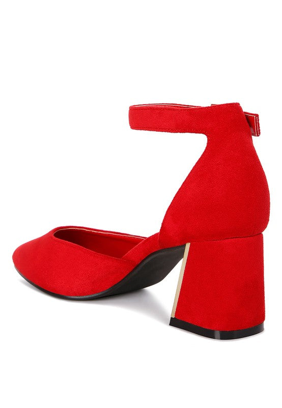 Rag Company women's red metallic block heel sandals with ankle strap and suede finish