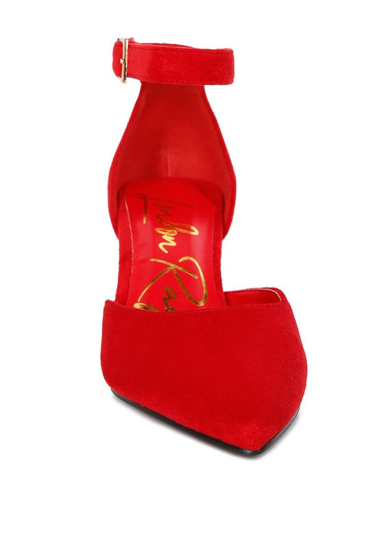 Rag Company women's red metallic block heel sandals with ankle strap and pointed toe design