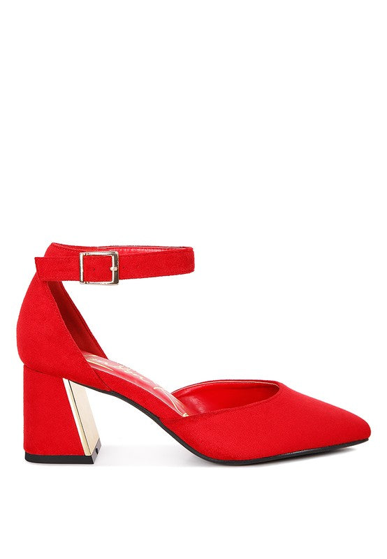 Rag Company women's red metallic block heel sandals w ankle strap and pointed toe