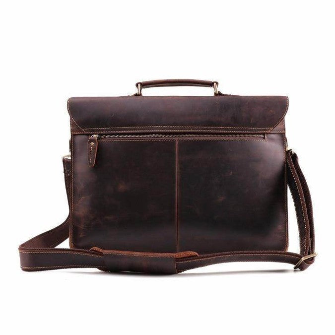 Vintage leather mens briefcase with adjustable shoulder strap and multiple compartments for organization