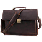 Vintage leather mens briefcase in dark brown with a classic design and adjustable strap