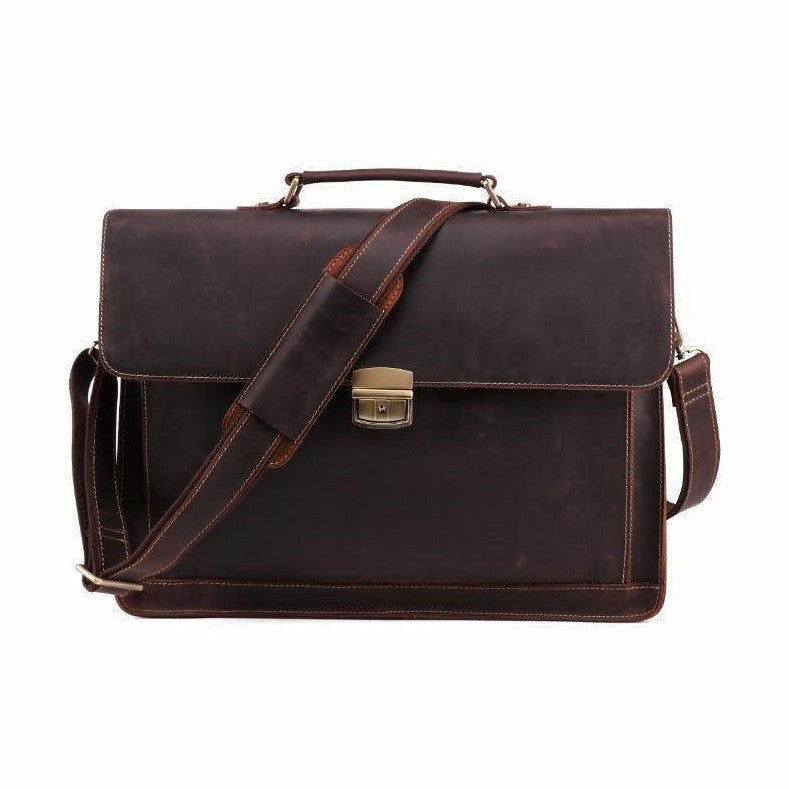 Vintage leather mens briefcase with sturdy handle and adjustable shoulder strap for professional use