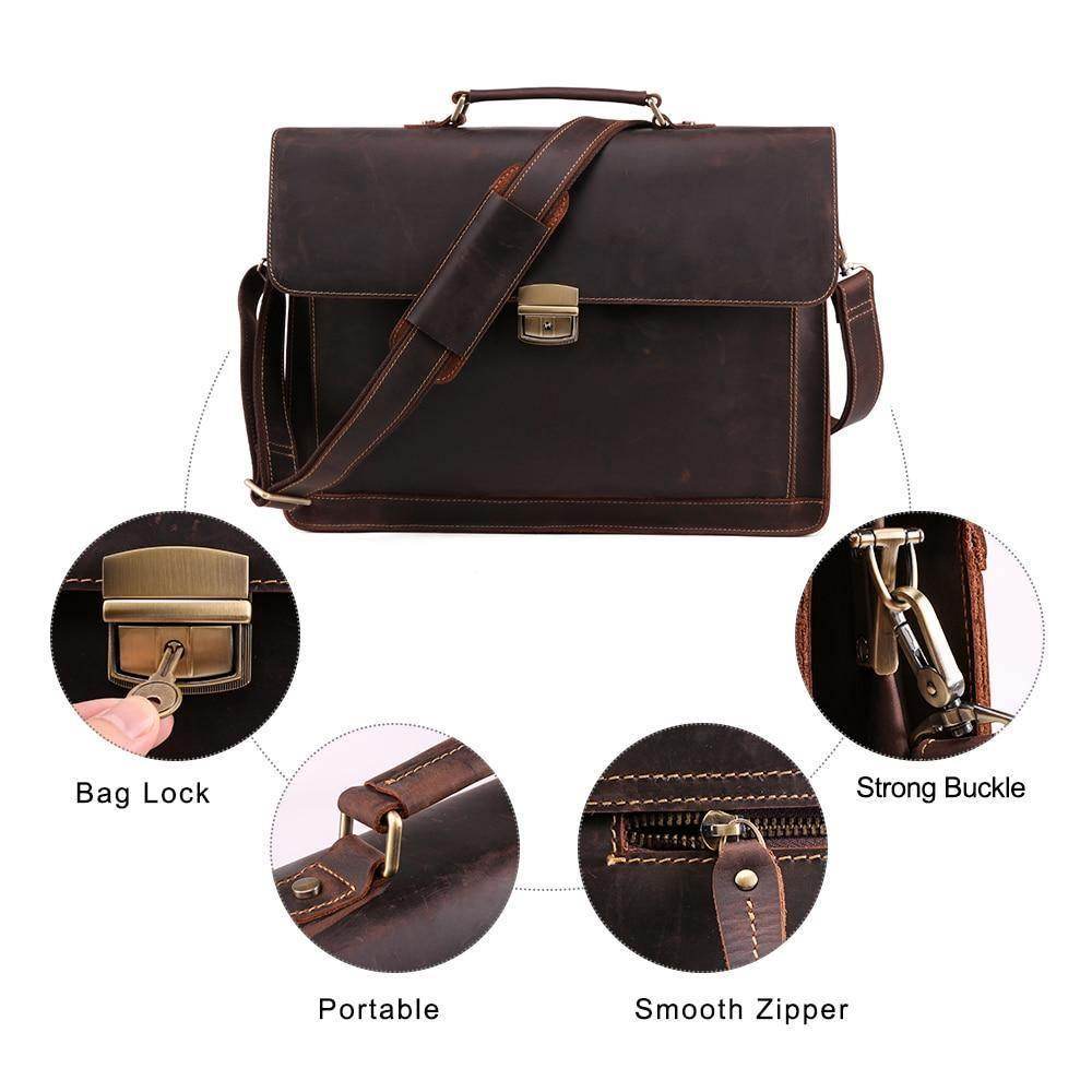 Vintage leather mens briefcase with bag lock, strong buckle, and smooth zipper for secure storage