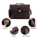 Vintage leather mens briefcase with bag lock, strong buckle, and smooth zipper for secure storage