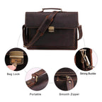 Vintage leather mens briefcase with bag lock, strong buckle, and smooth zipper for secure storage