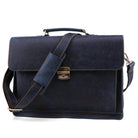 Vintage leather mens briefcase in dark blue with adjustable strap and brass lock closure