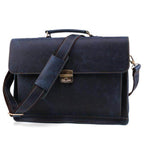 Vintage leather mens briefcase in dark blue with adjustable strap and brass lock closure