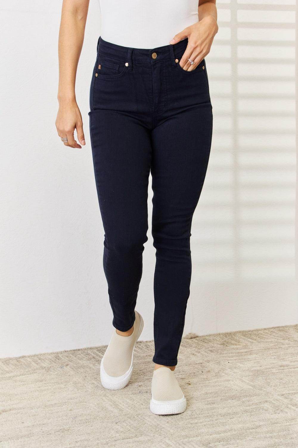 Judy Blue tummy control skinny jeans in dark wash with a flattering fit for women's casual style