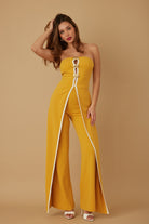Stylish strapless jumpsuit for women in yellow with front zipper and elegant design for summer events