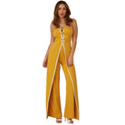 Stylish strapless jumpsuit for women in mustard yellow with a front slit and elegant design