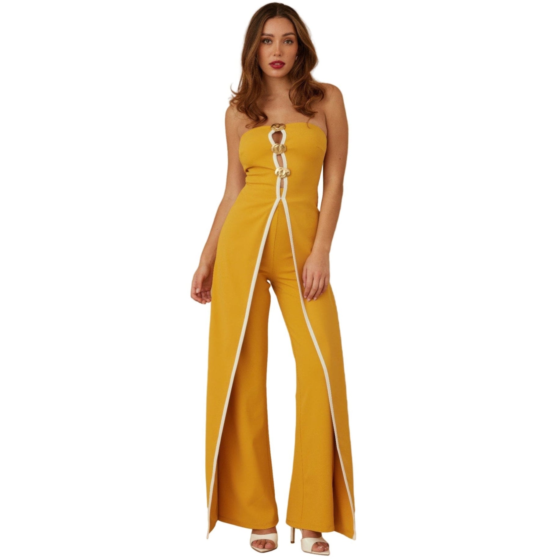 Stylish strapless jumpsuit for women in mustard yellow with a front slit and elegant design