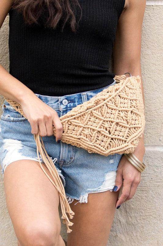 Aili's Corner khaki sling bag vacation styled with a macrame design, perfect for summer outings.