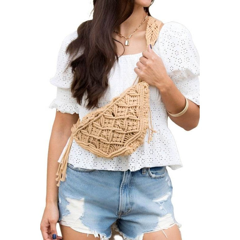 Aili's Corner khaki sling bag vacation, featuring a stylish macrame design perfect for summer outings