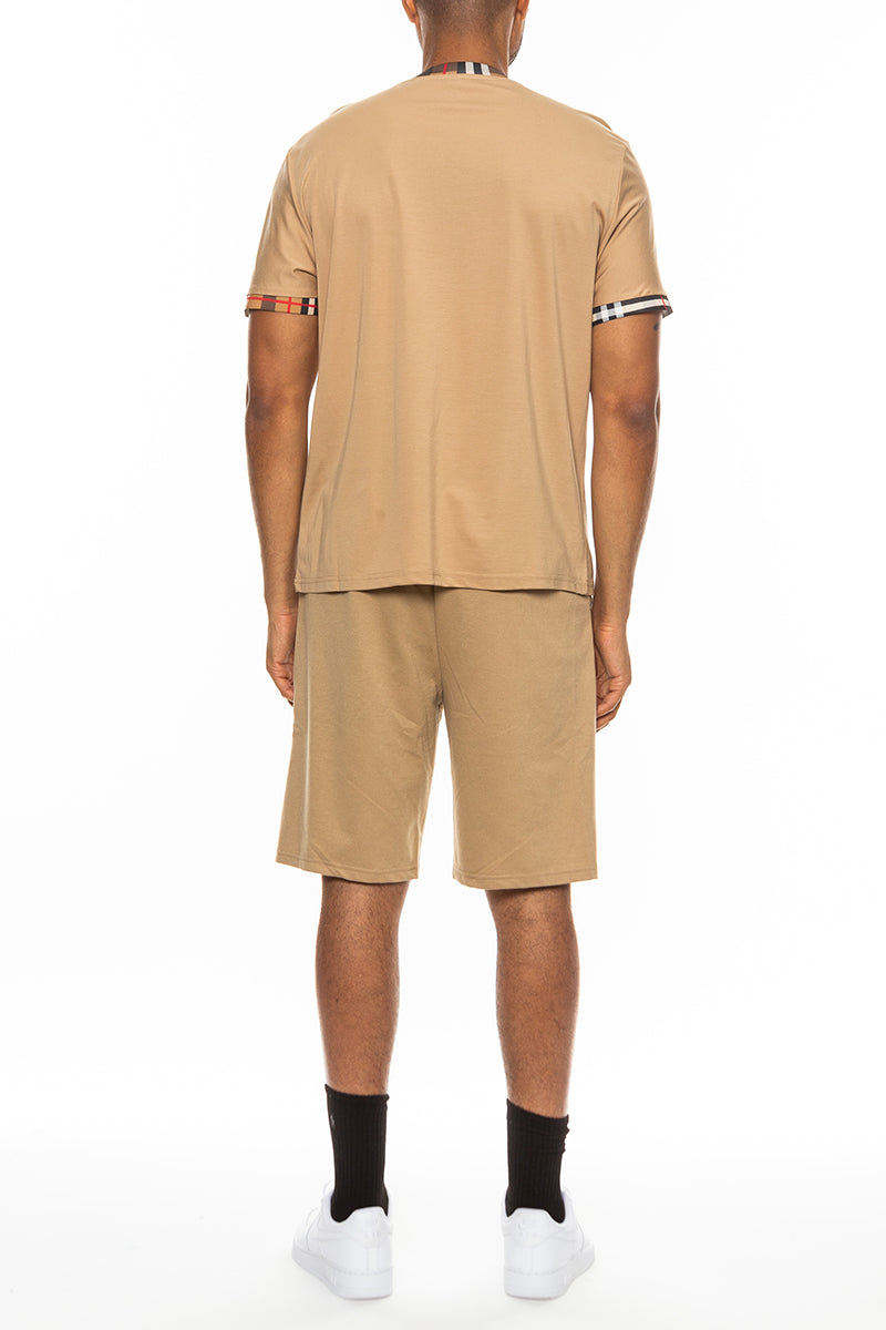 Checkered Collar T-Shirt & Elastic Waist Short Set