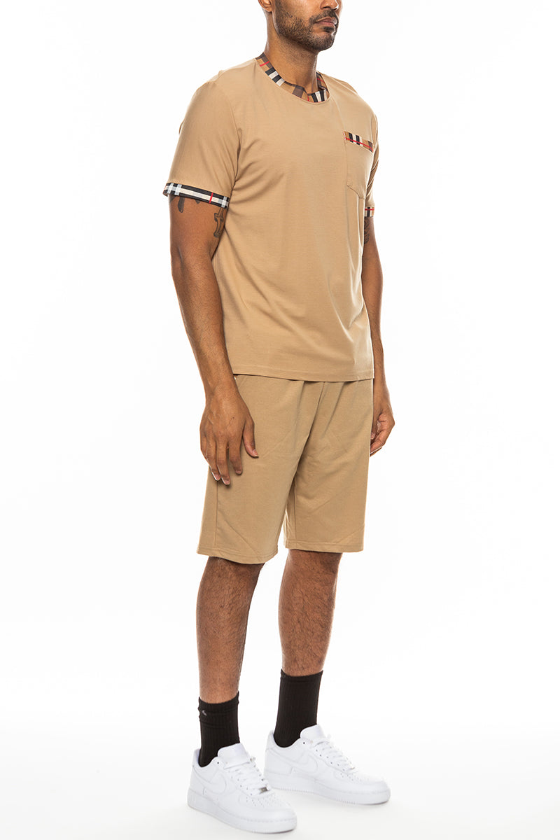 Checkered Collar T-Shirt & Elastic Waist Short Set