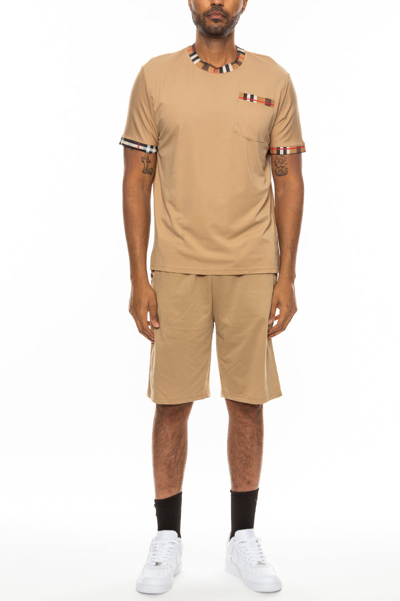 Checkered Collar T-Shirt & Elastic Waist Short Set