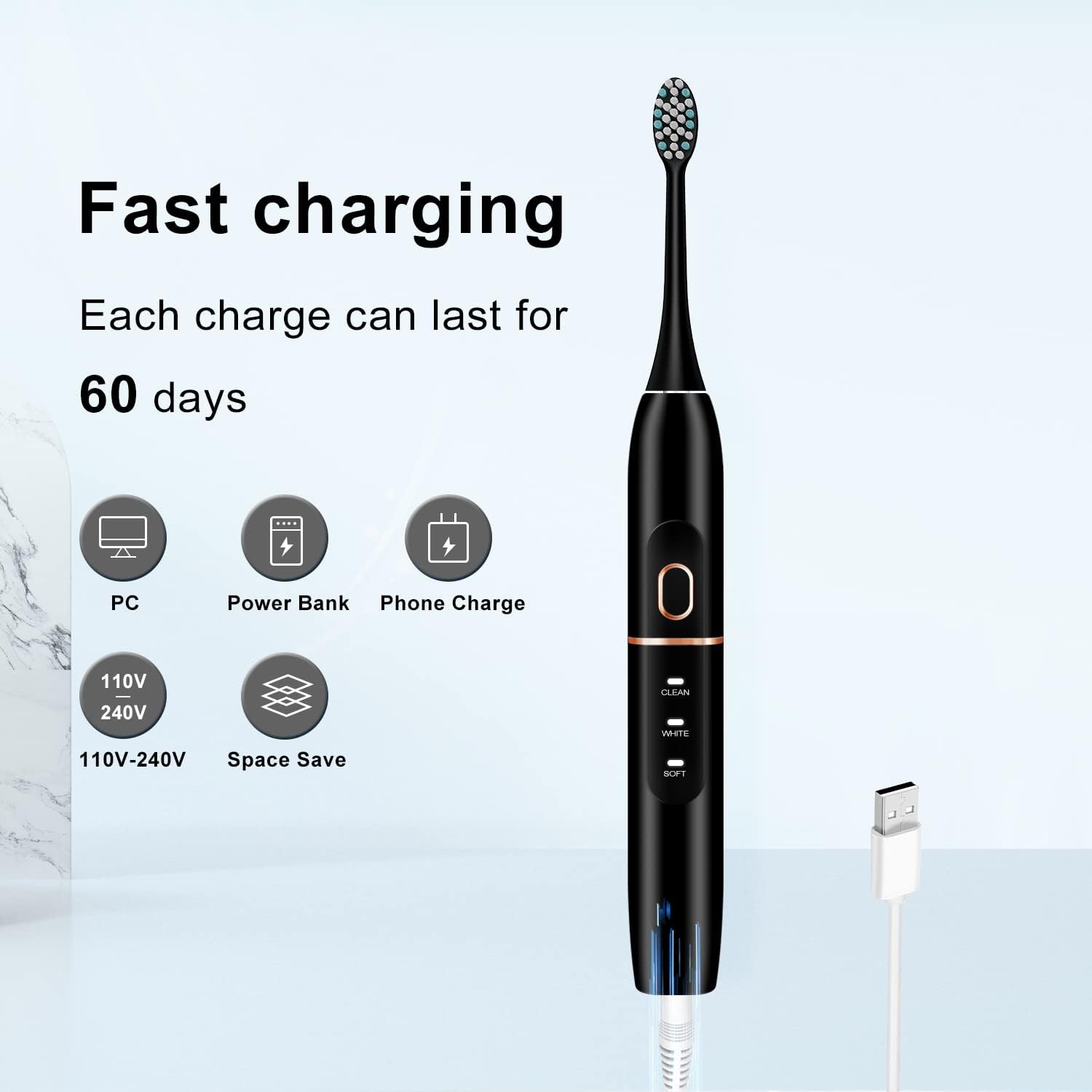 Black electric toothbrush with fast charging and 60 days battery life best electric toothbrush for travel