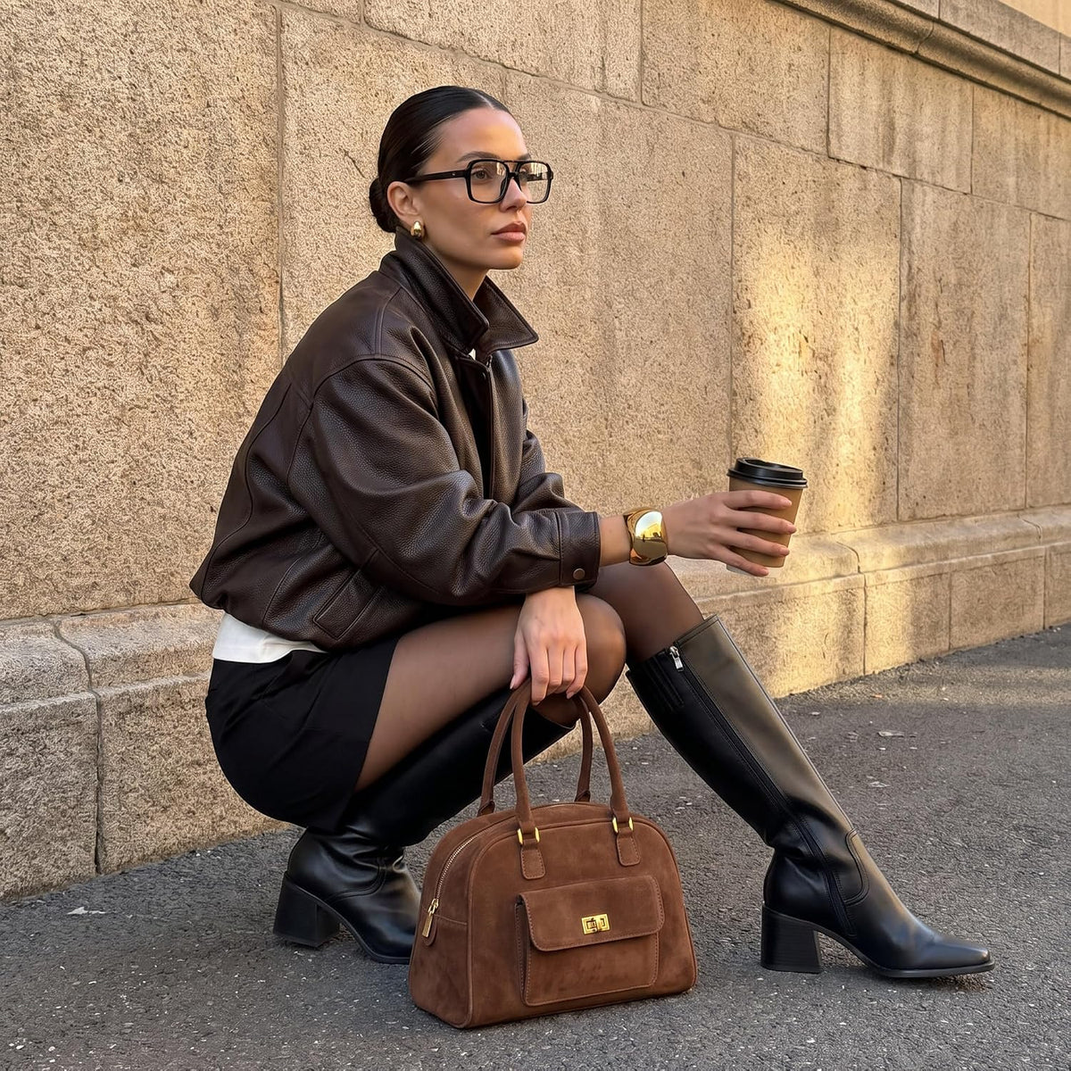 Knee High Boots Women Square Toe Chunky Heel Tall Boots – 3/4 angle view