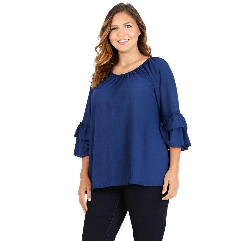 Knit 3/4 Sleeve Double Layer Ruffle Sleeve Top - VacationGrabs