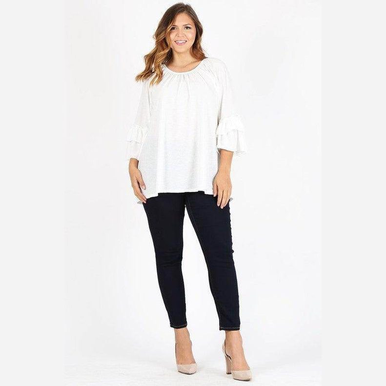 Knit 3/4 Sleeve Double Layer Ruffle Sleeve Top - VacationGrabs