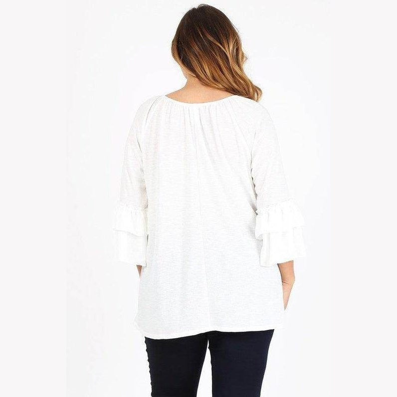 Knit 3/4 Sleeve Double Layer Ruffle Sleeve Top - VacationGrabs