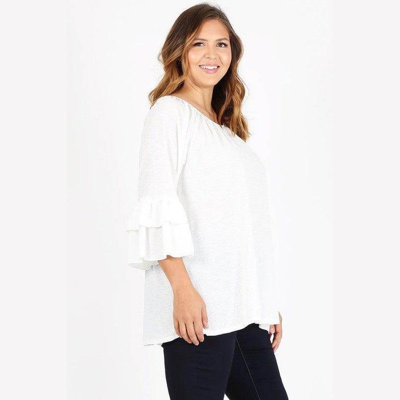 Knit 3/4 Sleeve Double Layer Ruffle Sleeve Top - VacationGrabs