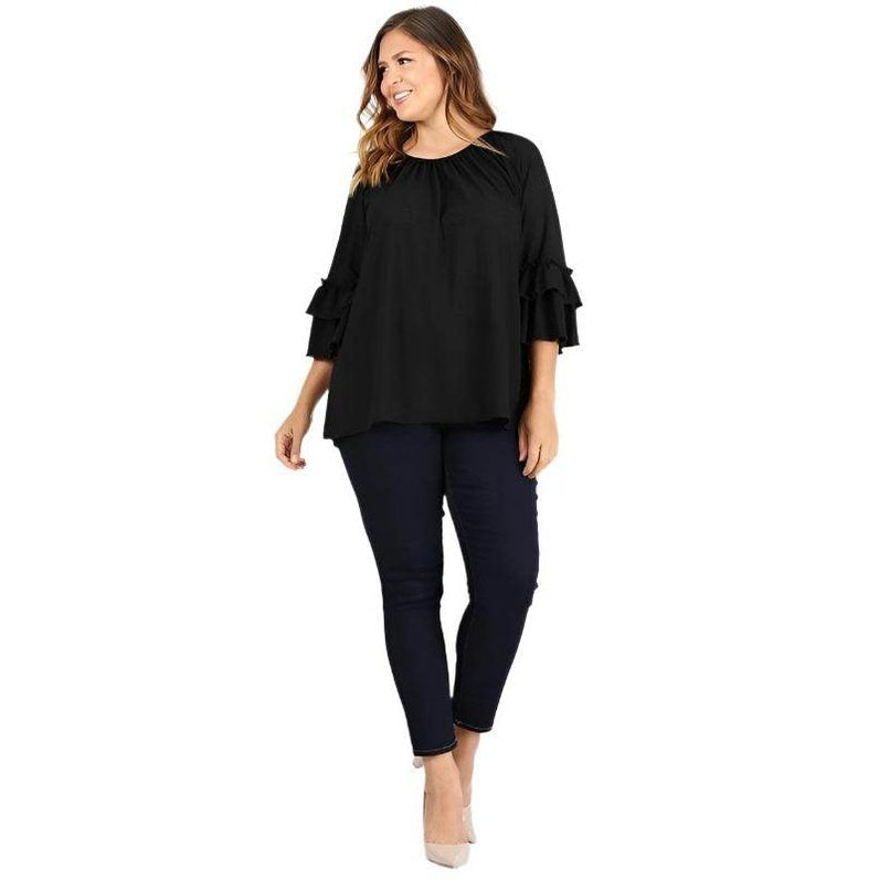 Knit 3/4 Sleeve Double Layer Ruffle Sleeve Top - VacationGrabs
