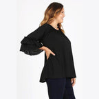 Knit 3/4 Sleeve Double Layer Ruffle Sleeve Top - VacationGrabs