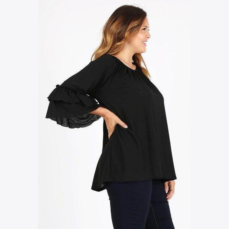 Knit 3/4 Sleeve Double Layer Ruffle Sleeve Top - VacationGrabs