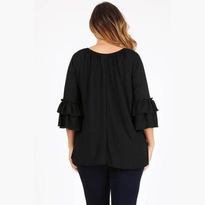 Knit 3/4 Sleeve Double Layer Ruffle Sleeve Top - VacationGrabs