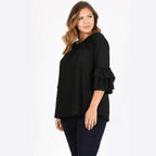 Knit 3/4 Sleeve Double Layer Ruffle Sleeve Top - VacationGrabs