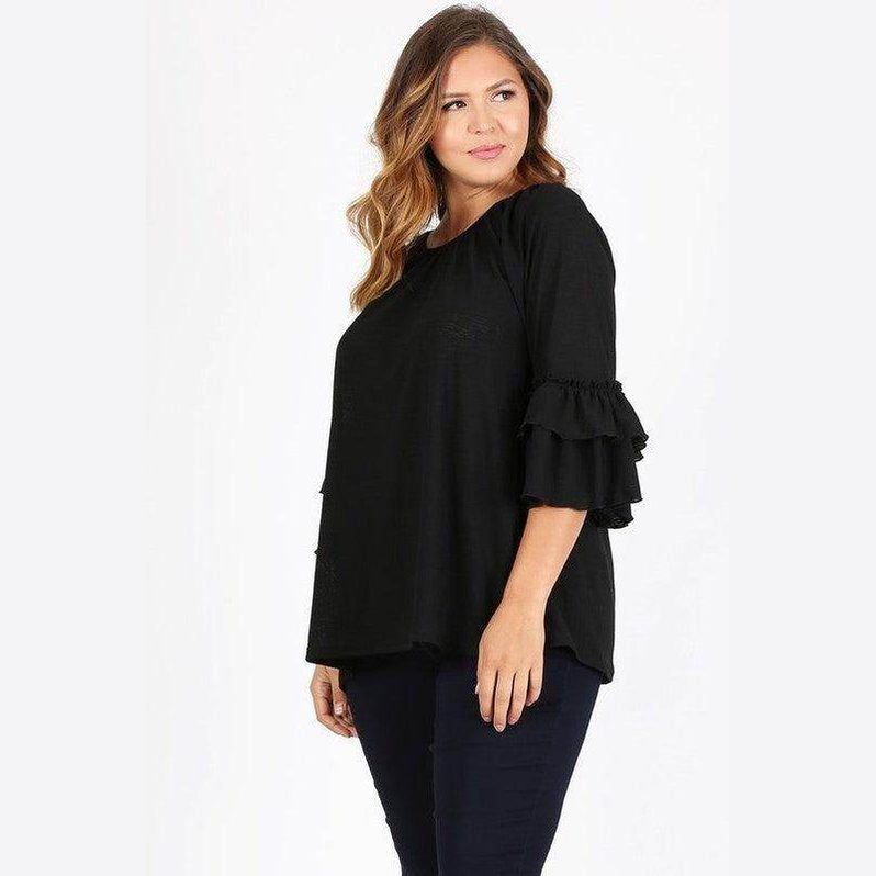 Knit 3/4 Sleeve Double Layer Ruffle Sleeve Top - VacationGrabs