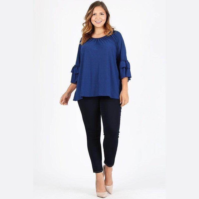 Knit 3/4 Sleeve Double Layer Ruffle Sleeve Top - VacationGrabs