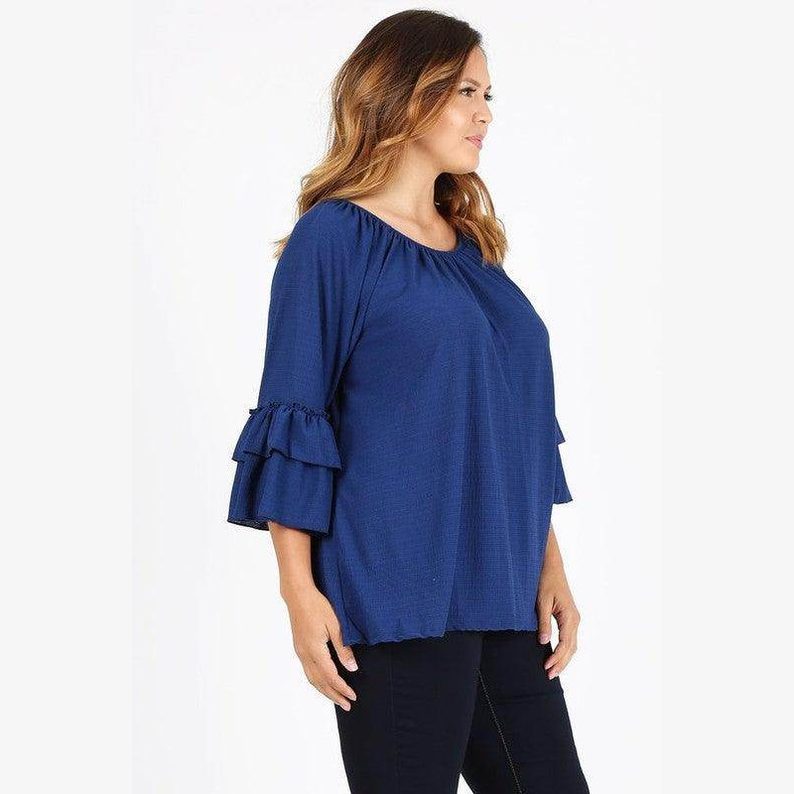 Knit 3/4 Sleeve Double Layer Ruffle Sleeve Top - VacationGrabs