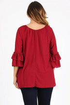 Knit 3/4 Sleeve Double Layer Ruffle Sleeve Top - VacationGrabs