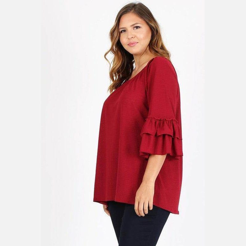 Knit 3/4 Sleeve Double Layer Ruffle Sleeve Top - VacationGrabs