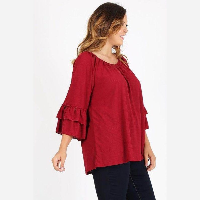 Knit 3/4 Sleeve Double Layer Ruffle Sleeve Top - VacationGrabs