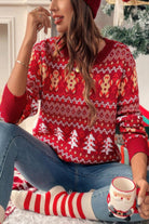 Festive knit Christmas sweater for women in red with holiday motifs, perfect for winter celebrations