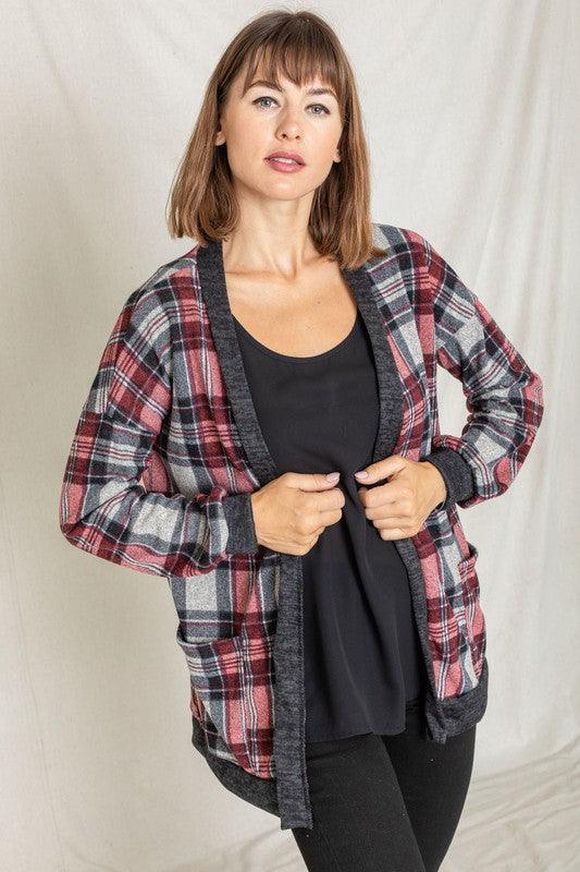Women's Sweaters - Cardigans Knit Plaid Slouch Cardigan