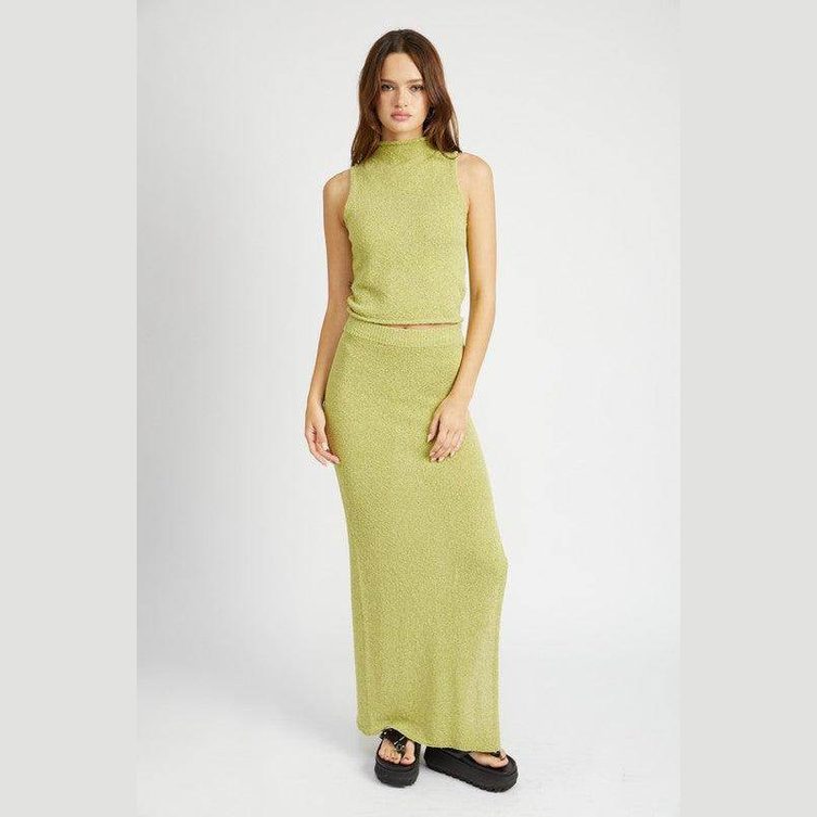 Emory Park knit sleeveless blouse in light green with a matching maxi skirt for a stylish summer outfit