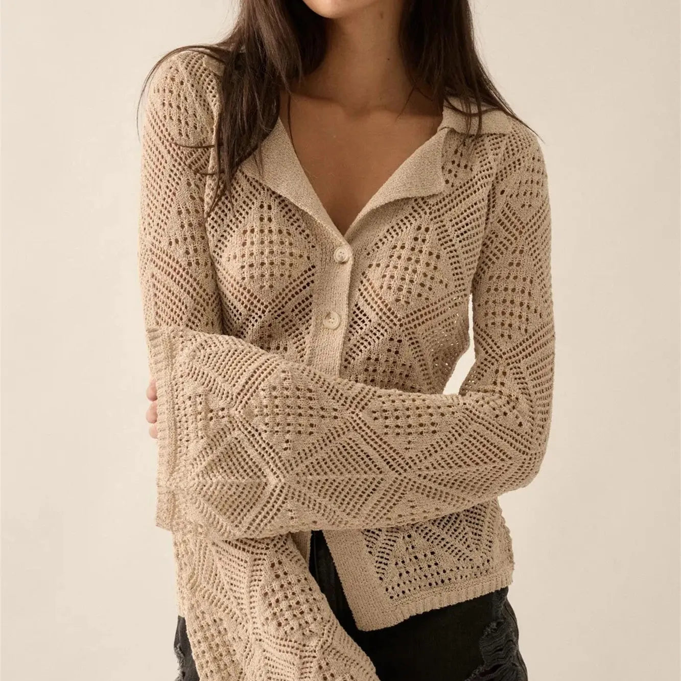 Beige knitted cable sweater for women, perfect for casual outings