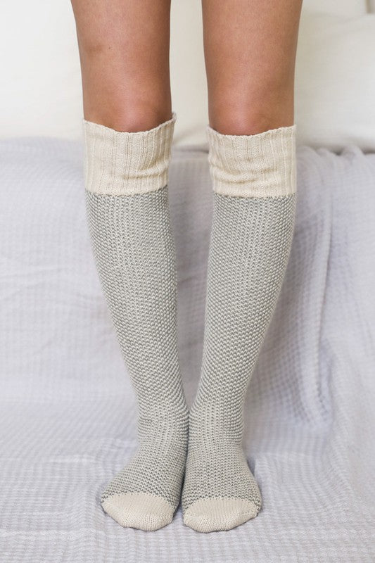 Leto Accessories knitted lounge socks in gray and cream for cozy relaxation and warmth at home